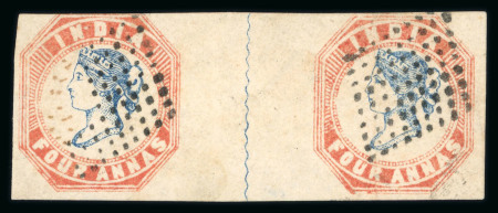 Stamp of India » 1854 Lithographs 1854 4a blue and red, 2nd printing, head die II, frame die I, used pair with very good margins