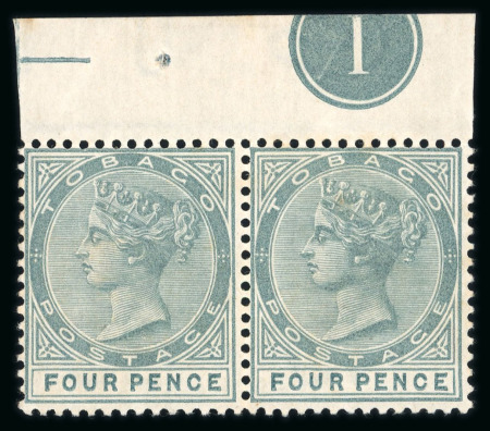 Stamp of Trinidad and Tobago » Tobago 1885 wmk CA 4d grey upper marginal plate 1 pair and 6d orange-brown showing the 'slash' flaw repaired