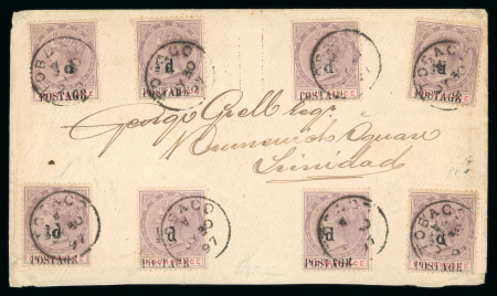 Stamp of Trinidad and Tobago » Tobago 1891-92 surcharged 1/2d on 4d lilac and carmine, four stamps on cover showing the 'space between 1/2 and d' variety