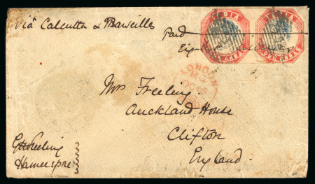 Stamp of India » 1854 Lithographs 1855 4a pair on head die III, frame die II, 4th printing, stamps closely spaced 2.5mm apart, pair on letter