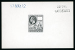 Stamp of Barbados 1912 De La Rue master die proof for the 3d, 4d and 6d values, in black on thick white glazed card