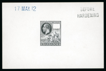 Stamp of Barbados 1912 De La Rue master die proof for the 3d, 4d and 6d values, in black on thick white glazed card