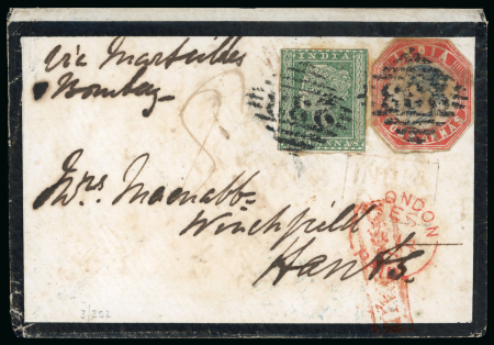 Stamp of India » 1854 Lithographs 1857 4a red and blue cut to shape (with some toning) together with 2a green, both cancelled 233