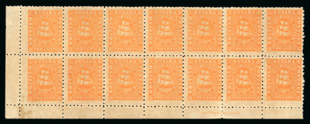 Stamp of British Guiana 1863 2c orange on medium paper perf.10 in mint lower corner marginal block of 14