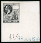 Stamp of Montserrat 1916 De La Rue master die proof in black with void value table and 1/2d duty tablet die proof
