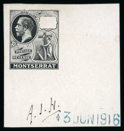 Stamp of Montserrat 1916 De La Rue master die proof in black with void value table and 1/2d duty tablet die proof