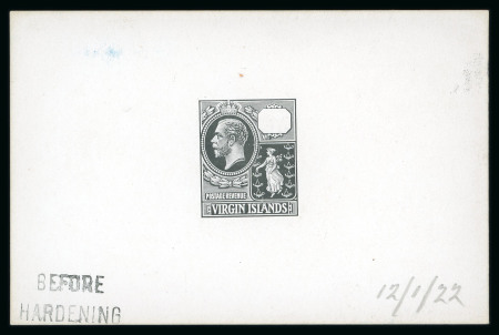Stamp of British Virgin Islands 1922 Master Die Proof with void value tablet in black on thick white glazed card