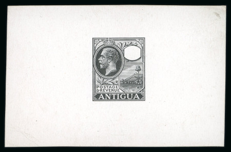 Stamp of Antigua & Barbuda 1921 De La Rue master die proof with void value tablet in black on thick white glazed card