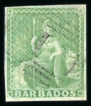 Stamp of Barbados 1852-55 no wmk (1/2d) yellow-green on blued paper, fine to good margins, used