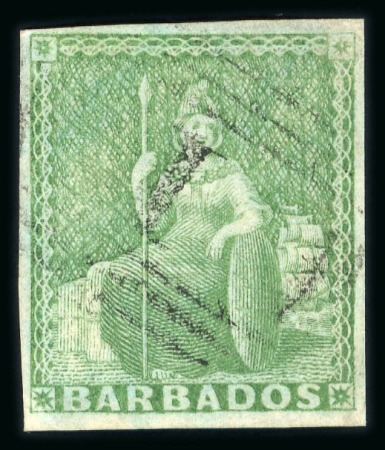 Stamp of Barbados 1852-55 no wmk (1/2d) yellow-green on blued paper, fine to good margins, used