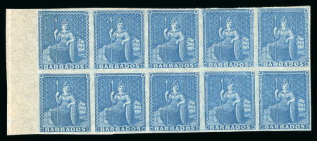 Stamp of Barbados 1852-55 no wmk (1d) blue blued paper in mint left marginal block of 10