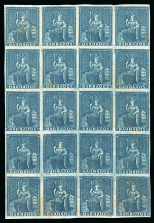 Stamp of Barbados 1852-55 no wmk (1d) deep blue on blued paper in mint block of 20