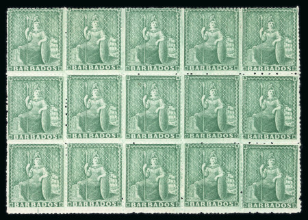 Stamp of Barbados 1861-70 (1/2d) blue-green no watermark rough perf 14 to 16 in mint block of 15