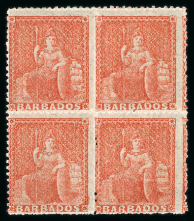 Stamp of Barbados 1861-70 no wmk (4d) dull vermilion rough perf 14 to 16 in mint block of four