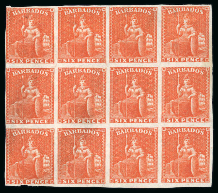 Stamp of Barbados 1861-70 no wmk 6d dull orange-vermilion imperforate variety in block of 12, unused