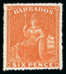 Stamp of Barbados 1870 wmk large star 6d orange-vermilion rough perf 14 to 16 mint