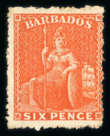 Stamp of Barbados 1871 wmk small star 6d orange-vermilion rough perf. 14 to 16 mint