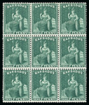 Stamp of Barbados 1874 wmk large star 1/2d deep green perf.14 in mint block of 9