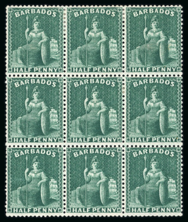 Stamp of Barbados 1874 wmk large star 1/2d deep green perf.14 in mint block of 9