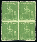Stamp of Trinidad and Tobago » Trinidad 1859 6d bright yellow-green pin-perf 13 1/2-14 in mint block of four