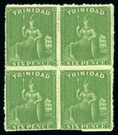 Stamp of Trinidad and Tobago » Trinidad 1859 6d bright yellow-green pin-perf 13 1/2-14 in mint block of four