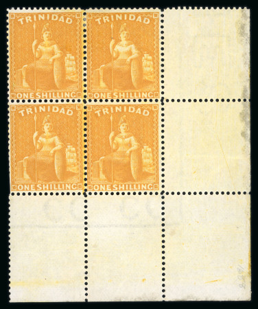 Stamp of Trinidad and Tobago » Trinidad 1863 wmk CC 1s chrome-yellow perf.14 in mint corner marginal block of four