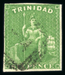 Stamp of Trinidad and Tobago » Trinidad 1859 6d deep green imperforate showing the scarce and recognised 'cracked shield' variety, used