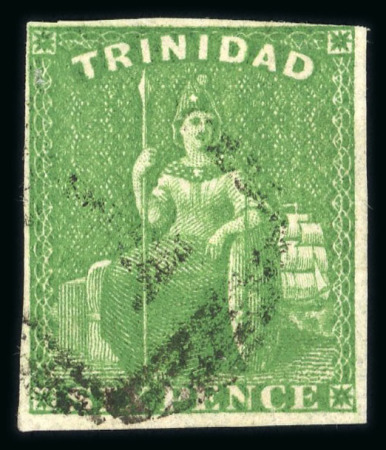 Stamp of Trinidad and Tobago » Trinidad 1859 6d deep green imperforate showing the scarce and recognised 'cracked shield' variety, used