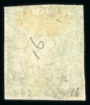 Stamp of Trinidad and Tobago » Trinidad 1859 6d deep green imperforate showing the scarce and recognised 'cracked shield' variety, used