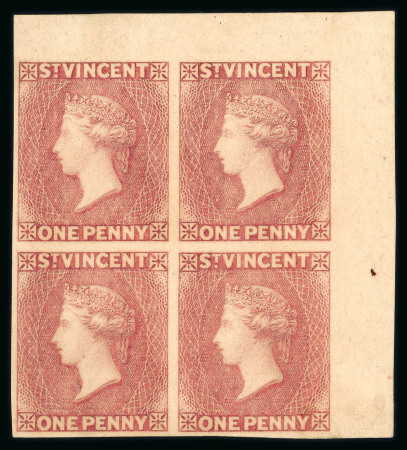 Stamp of St. Vincent 1861 1d rose-red imperforate plate proof in corner marginal block of four