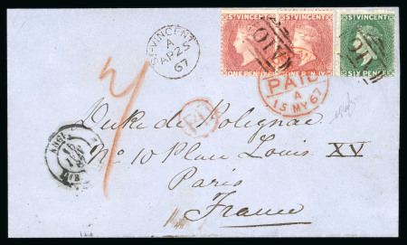 Stamp of St. Vincent 1867 (Apr 25) envelope to France with 1861 1d rose-red in pair and 1862 6d deep green