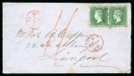 Stamp of St. Vincent 1864 (Sep 24) envelope to Liverpool with 1862 6d deep green pair tied "A10" numeral