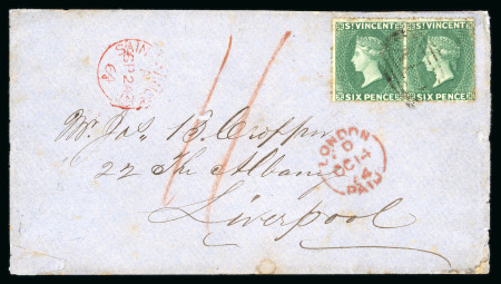 Stamp of St. Vincent 1864 (Sep 24) envelope to Liverpool with 1862 6d deep green pair tied "A10" numeral