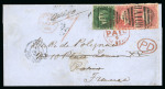 Stamp of St. Vincent 1868 (Sep 25) wrapper to France with 1868 no watermark perf 11 to 12 1/2 1d rose-red in pair plus 6d deep green