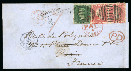 Stamp of St. Vincent 1868 (Sep 25) wrapper to France with 1868 no watermark perf 11 to 12 1/2 1d rose-red in pair plus 6d deep green