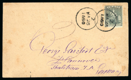 Stamp of Trinidad and Tobago » Trinidad 1880 envelope to Germany with 1876 4d bluish grey perf.14 tied by "2" cds (Marriott type 0.7)