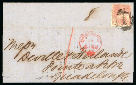 Stamp of Trinidad and Tobago » Trinidad 1863 (Feb 23) printed lettersheet to Guadeloupe with 1861 (1d) rose rough perf.14-16 1/2
