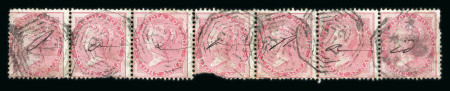 Stamp of India » Used Abroad » Straits Settlements » Singapore (172) 1855 8a (SG 48) strip of seven used in Singapore, cancelled by Singapore B/172 (SG Z69)