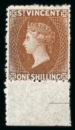 Stamp of St. Vincent 1869 no wmk 1s brown perf. 11 to 12 1/2 mint lower marginal