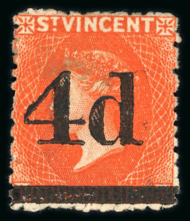 Stamp of St. Vincent 1881 4d on 1s bright vermilion, mint