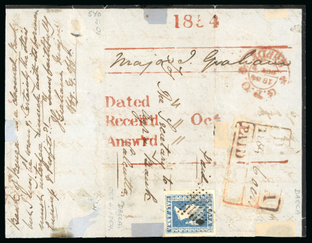 Stamp of India » 1854 Lithographs 1854 1/2a blue die I on complete letter from Dacca to Calcutta 4 Oct 1854 , stamp tied by mute diamond