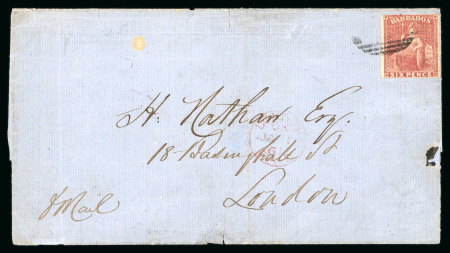 Stamp of Barbados 1860 (Dec 10) wrapper to England with 1858 no wmk 6d imperf