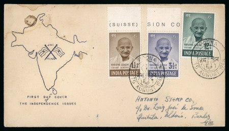 Stamp of India » Dominion 1948 Gandhi 1 1/2a, 3 1/2a and 12a on printed first day cover sent registered to Goa
