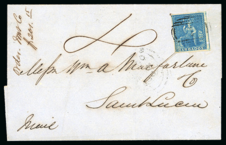 Stamp of Barbados 1857 (Oct 27) wrapper to St. Lucia with 1852-55 (1d) blue