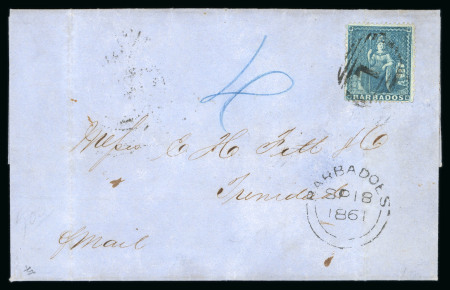 Stamp of Barbados 1861 (Sep 18) entire to Trinidad with 1861 no wmk (1d) pale blue clean perf.14 to 16