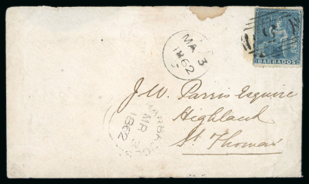 Stamp of Barbados 1862 (Mar 3) envelope sent locally from St. John to St. Thomas, with 1861-70 (1d) blue