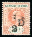 Stamp of Cayman Islands 1907 Georgetown Provisional 1/2D surcharge on 5s salon & green, showing partial doubling