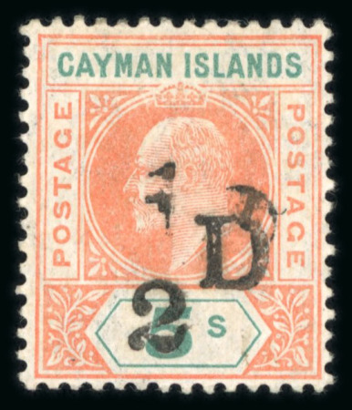 Stamp of Cayman Islands 1907 Georgetown Provisional 1/2D surcharge on 5s salon & green, showing partial doubling