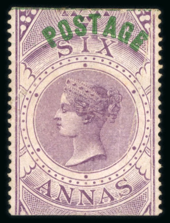 Stamp of India » 1855-1946 De La Rue and later Crown Colony Issues 1866 fiscal stamp 6a purple with curved overprint POSTAGE in green mint