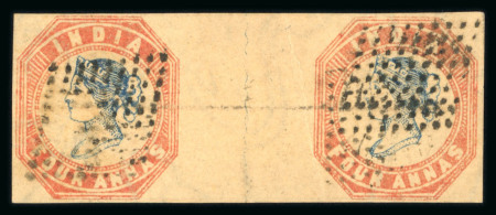 Stamp of India » 1854 Lithographs 1854 4a blue and red, 2nd printing head die II, frame die I, a very fine used pair